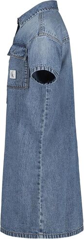 فستان قميص دينم بأكمام قصيرة للفتيات من Calvin Klein، ألوان شامبراي ودينم داكن، حاشية مكشكشة/فحمي، 16 in Kuwait