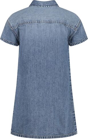 فستان قميص دينم بأكمام قصيرة للفتيات من Calvin Klein، ألوان شامبراي ودينم داكن، حاشية مكشكشة/فحمي، 16 in Kuwait