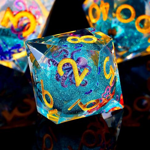 مجموعة نرد الأخطبوط السائل الأساسية DND، 7 قطع نرد D&D بحافة حادة مع صندوق هدايا، للعب الأدوار المحصنة والتنينات RPG MTG D وD - الراتنج الأزرق in Kuwait