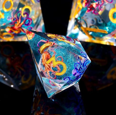 مجموعة نرد الأخطبوط السائل الأساسية DND، 7 قطع نرد D&D بحافة حادة مع صندوق هدايا، للعب الأدوار المحصنة والتنينات RPG MTG D وD - الراتنج الأزرق in Kuwait