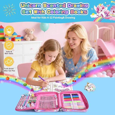 73PCS Unicorn Washable Markers Set with Glitter Pencil Case, Art Supplies and Craft for Girls Ages 4-6-8,Kids Coloring Drawing Kit with Marker,Colored Pencil,Crayon,Gel Pen,Birthday Gift Toys for Girl in Saudi Arabia