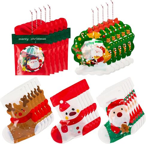 JOYIN 25 PCS Christmas Ziplock Sealing Bags, Holiday Cellophane Bags Goodie Gift Treat Candy with Ropes for Xmas Present Wrapping, Festive Party Decor Supplies(7.28" x 8.66") in Saudi Arabia