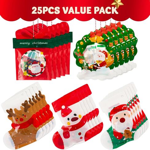 JOYIN 25 PCS Christmas Ziplock Sealing Bags, Holiday Cellophane Bags Goodie Gift Treat Candy with Ropes for Xmas Present Wrapping, Festive Party Decor Supplies(7.28" x 8.66") in Saudi Arabia