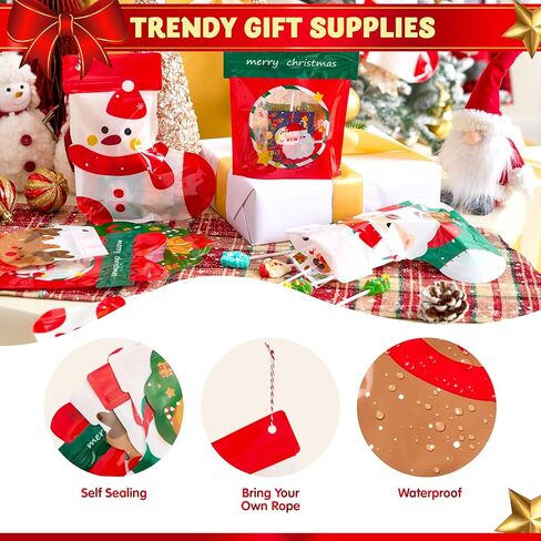 JOYIN 25 PCS Christmas Ziplock Sealing Bags, Holiday Cellophane Bags Goodie Gift Treat Candy with Ropes for Xmas Present Wrapping, Festive Party Decor Supplies(7.28" x 8.66") in Saudi Arabia