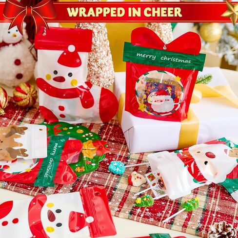 JOYIN 25 PCS Christmas Ziplock Sealing Bags, Holiday Cellophane Bags Goodie Gift Treat Candy with Ropes for Xmas Present Wrapping, Festive Party Decor Supplies(7.28" x 8.66") in Saudi Arabia