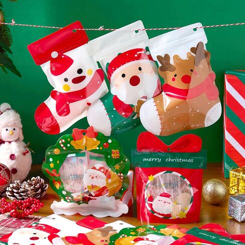 JOYIN 25 PCS Christmas Ziplock Sealing Bags, Holiday Cellophane Bags Goodie Gift Treat Candy with Ropes for Xmas Present Wrapping, Festive Party Decor Supplies(7.28" x 8.66") in Saudi Arabia