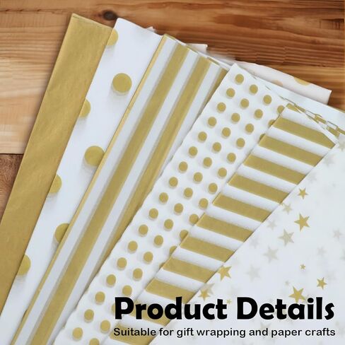 60 Sheets Gift Wrapping Tissue Paper Bulk, Gold White Dots Stripes Waves Print Tissue Paper for Gift Bags, Decorative Art Papers for DIY Crafts Wedding Birthday Holiday Party Decor, 20x14 Inches in Saudi Arabia