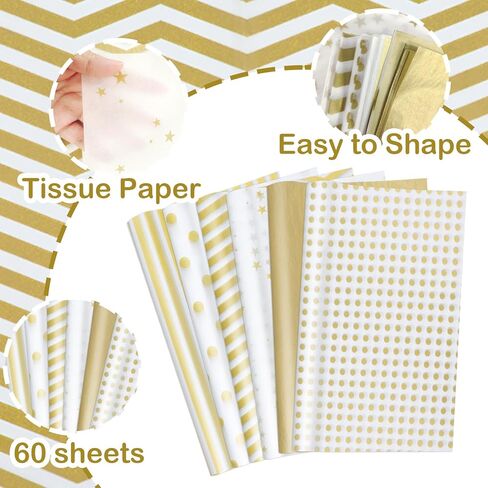 60 Sheets Gift Wrapping Tissue Paper Bulk, Gold White Dots Stripes Waves Print Tissue Paper for Gift Bags, Decorative Art Papers for DIY Crafts Wedding Birthday Holiday Party Decor, 20x14 Inches in Saudi Arabia