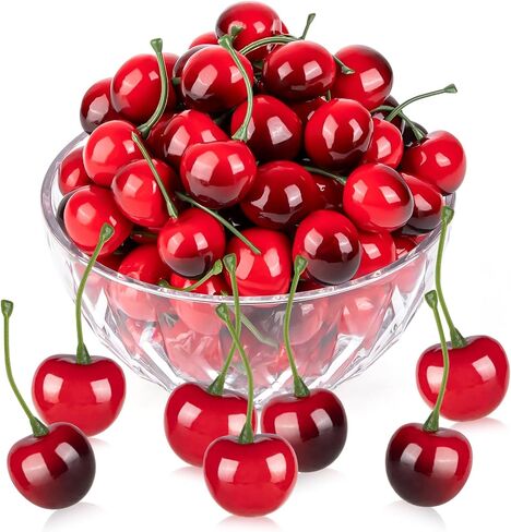 Fake Cherries, Artificial Cherries Faux Cherry 45 Red Cherries 45 Red Black Cherries, Simulation Fruit for Party Fruit Bowl Home Kitchen Photography Props in Saudi Arabia