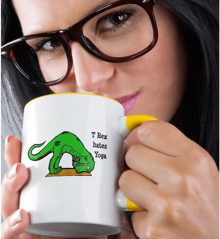 3dRose T Rex Hates Yoga Two Tone Mug, 11 oz, Black in Kuwait