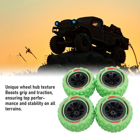 4PCS RC Wheel Tires Set, Original Hex Hub Wheel Rims Rubber Tires, RC Rally Car Tyres Claw Mud Terrain Tires Accessories for 1/14 1/16 RC Car Crawler Buggy Truck (Green) in Saudi Arabia