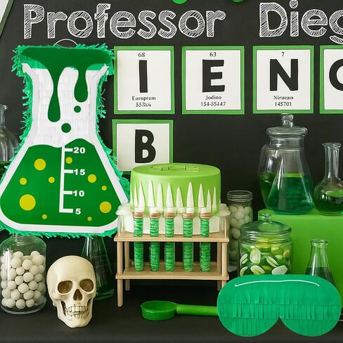 Soulchen Mad Scientist Science Beaker Piñata مع قضيب وقناع معصوب العينين مقاس 15.75 × 11.8 × 3.5 بوصة لتزيين حفلات الهالوين وحفلات عيد الميلاد ومستلزمات الحفلات in Kuwait