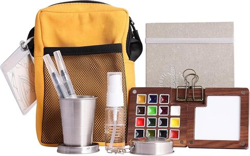 15-Color Mini Travel Watercolor Set for Adults, Beginners & Artists - All-in-One Kit with Bag, Sketchbook, Metal Clip, Collapsible Cup, Spray Bottle & 2 Watercolor Pens in Kuwait