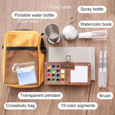 15-Color Mini Travel Watercolor Set for Adults, Beginners & Artists - All-in-One Kit with Bag, Sketchbook, Metal Clip, Collapsible Cup, Spray Bottle & 2 Watercolor Pens in Kuwait