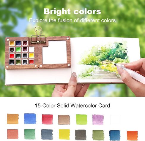 15-Color Mini Travel Watercolor Set for Adults, Beginners & Artists - All-in-One Kit with Bag, Sketchbook, Metal Clip, Collapsible Cup, Spray Bottle & 2 Watercolor Pens in Kuwait