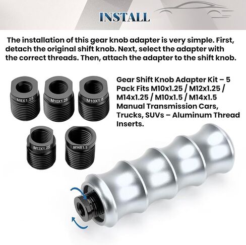 مجموعة محول مقبض التحول - 5 عبوات تناسب M10x1.25 / M12x1.25 / M14x1.25 / M10x1.5 / M14x1.5 سيارات النقل اليدوي والشاحنات وسيارات الدفع الرباعي - إدراجات خيط الألومنيوم in Kuwait