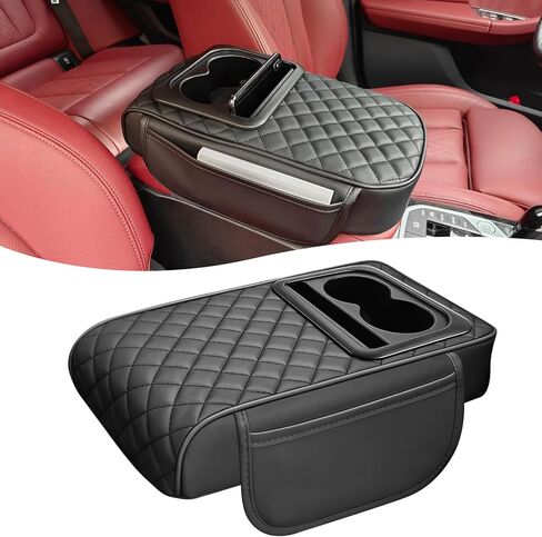 Car Center Console Cover, Leather Car Armrest Cover with Cup Holder, Phone Slot, Waterproof Arm Rest Protector Cushion Automotive Accessories (Black) in Saudi Arabia