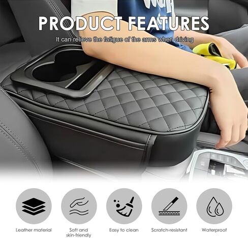 Car Center Console Cover, Leather Car Armrest Cover with Cup Holder, Phone Slot, Waterproof Arm Rest Protector Cushion Automotive Accessories (Black) in Saudi Arabia