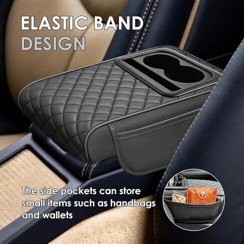 Car Center Console Cover, Leather Car Armrest Cover with Cup Holder, Phone Slot, Waterproof Arm Rest Protector Cushion Automotive Accessories (Black) in Saudi Arabia