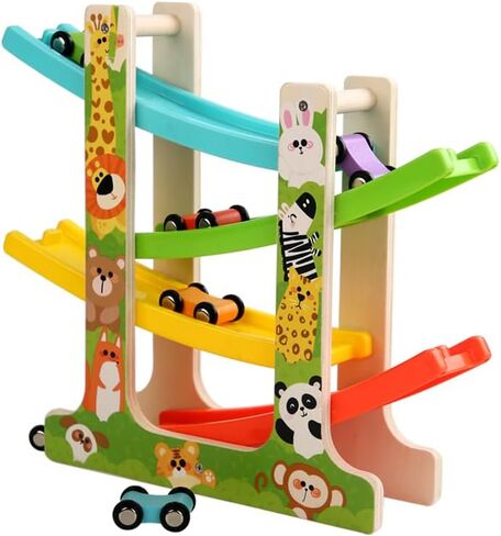 Wooden Car Ramp Toy for 1 2 3 Year Old Boys and Girls 4 Level Toddler Race Track with 8 Mini Cars Garage - Montessori Toys for 1-3 Year Old Christmas Birthday Gifts in Saudi Arabia