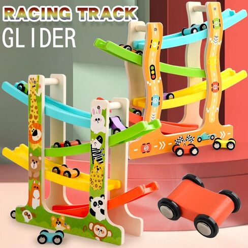 Wooden Car Ramp Toy for 1 2 3 Year Old Boys and Girls 4 Level Toddler Race Track with 8 Mini Cars Garage - Montessori Toys for 1-3 Year Old Christmas Birthday Gifts in Saudi Arabia