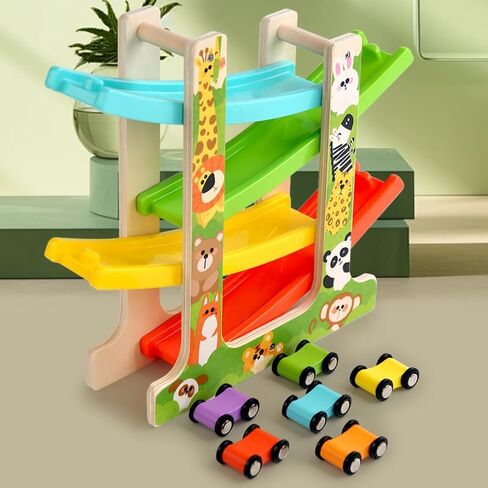 Wooden Car Ramp Toy for 1 2 3 Year Old Boys and Girls 4 Level Toddler Race Track with 8 Mini Cars Garage - Montessori Toys for 1-3 Year Old Christmas Birthday Gifts in Saudi Arabia
