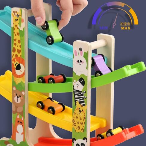 Wooden Car Ramp Toy for 1 2 3 Year Old Boys and Girls 4 Level Toddler Race Track with 8 Mini Cars Garage - Montessori Toys for 1-3 Year Old Christmas Birthday Gifts in Saudi Arabia