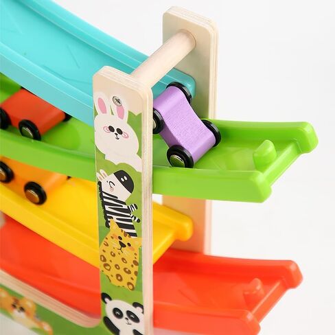 Wooden Car Ramp Toy for 1 2 3 Year Old Boys and Girls 4 Level Toddler Race Track with 8 Mini Cars Garage - Montessori Toys for 1-3 Year Old Christmas Birthday Gifts in Saudi Arabia