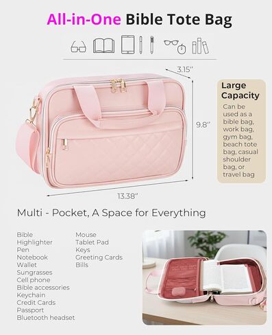 INNATO Leather Bible Cover Case with Ribbon Bookmark, Large Bible Carrying Tote Bag with Handle and Shoulder Strap for Women, Multi Pockets Church Bag Bible Purse for Studying and Travel in Kuwait