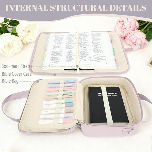 Bible Cover Case for Women, Large Bible Bag with Strap Shoulder,Journaling Kit Book Carrying Case with Pastel Highlighters Tabs, Bible Study Supplies & Christian Gift for Gilrs (Purple) in Saudi Arabia