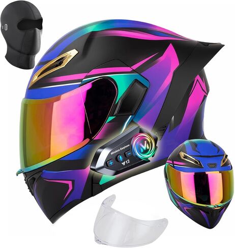 Womens Motorcycle Helmet with Bluetooth - DOT Modular Motorcycle Helmets with Dual Visor, Flip Up Full Face Purple Helmet with Speaker and Mic in Saudi Arabia