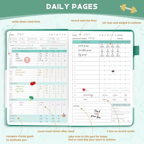 Food Journal & Workout Log Book: Daily Fitness Tracker & Food Diary with Calorie Counter | Exercise Planner Fitness Journal for Gym, Yoga, Weight Loss Goals | Workout Essentials for Women & Men, Green in Saudi Arabia