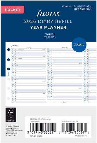 Filofax Calendar Diary Refill, Pocket Size, Vertical Year Planner, White Paper, English, 2026 (C68202-26) in Saudi Arabia