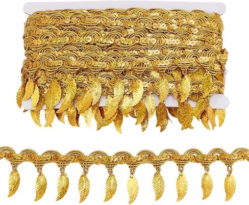PH PandaHall 10 Yards Gold Sequin Fringe Trim Leaf Tassel Ribbon, Fabric Decorative Trim Gold Edging Trim Sewing Ribbon for Wedding Dance Dress Sewing Garments Belt Halt Home Decoration in Saudi Arabia