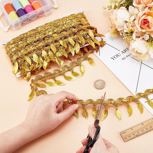 PH PandaHall 10 Yards Gold Sequin Fringe Trim Leaf Tassel Ribbon, Fabric Decorative Trim Gold Edging Trim Sewing Ribbon for Wedding Dance Dress Sewing Garments Belt Halt Home Decoration in Saudi Arabia
