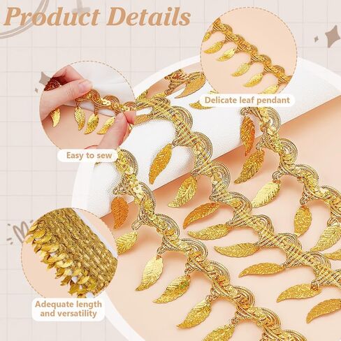 PH PandaHall 10 Yards Gold Sequin Fringe Trim Leaf Tassel Ribbon, Fabric Decorative Trim Gold Edging Trim Sewing Ribbon for Wedding Dance Dress Sewing Garments Belt Halt Home Decoration in Saudi Arabia