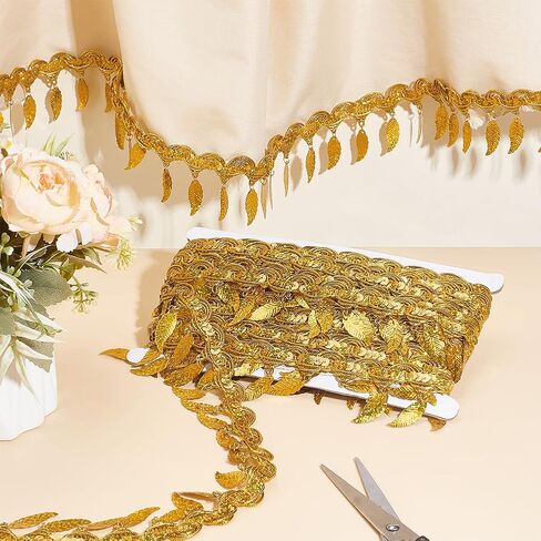 PH PandaHall 10 Yards Gold Sequin Fringe Trim Leaf Tassel Ribbon, Fabric Decorative Trim Gold Edging Trim Sewing Ribbon for Wedding Dance Dress Sewing Garments Belt Halt Home Decoration in Saudi Arabia