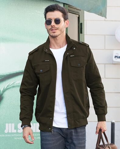 EKLENTSON Men's Cotton Lightweight Multi Pockets Zip Front Stand Collar Military Jackets Windbreaker in Saudi Arabia