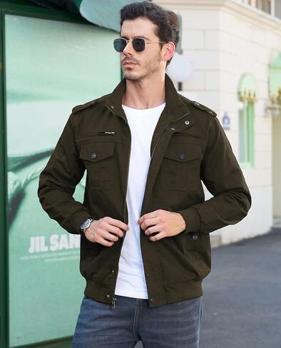 EKLENTSON Men's Cotton Lightweight Multi Pockets Zip Front Stand Collar Military Jackets Windbreaker in Saudi Arabia
