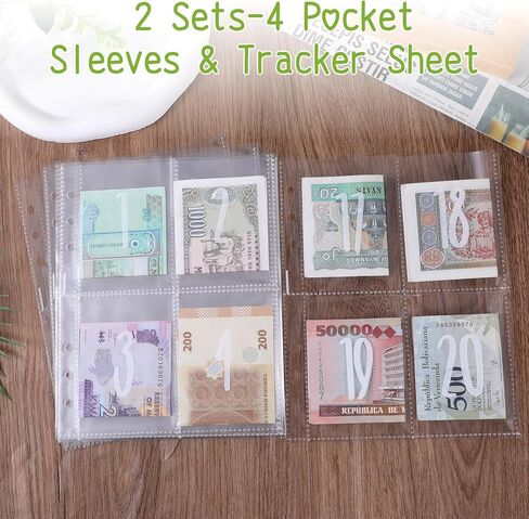 50 قطعة من 4 جيوب و100 ظرف لتوفير المال وأغلفة كتب توفير المال تناسب 6 حلقات مقاس A5، مطبوعة مسبقًا من 1 إلى 100 رقم جيوب صفحات إعادة التعبئة، صفحات تحميل علوية للعملات in Kuwait