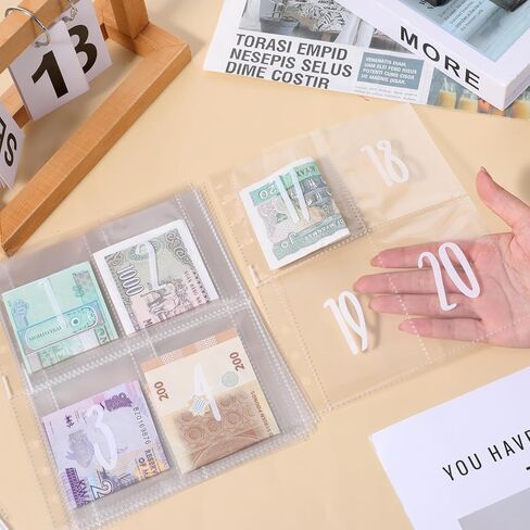 50 قطعة من 4 جيوب و100 ظرف لتوفير المال وأغلفة كتب توفير المال تناسب 6 حلقات مقاس A5، مطبوعة مسبقًا من 1 إلى 100 رقم جيوب صفحات إعادة التعبئة، صفحات تحميل علوية للعملات in Kuwait