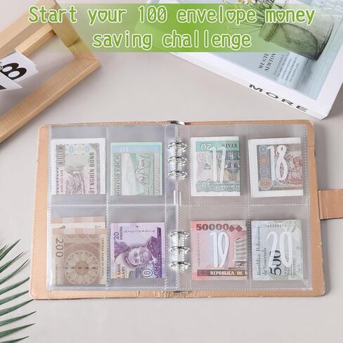 50 قطعة من 4 جيوب و100 ظرف لتوفير المال وأغلفة كتب توفير المال تناسب 6 حلقات مقاس A5، مطبوعة مسبقًا من 1 إلى 100 رقم جيوب صفحات إعادة التعبئة، صفحات تحميل علوية للعملات in Kuwait