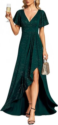 Ever-Pretty Women's Glitter Hi-Lo Ruffled Hem V-Neck Formal Dress with Sleeves 01738 in Kuwait