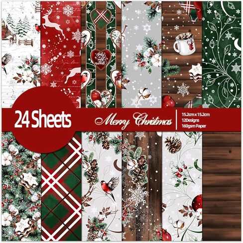 وسادة ورقية لسكرابوكينغ عيد الميلاد مقاس 6 بوصات - 24 ورقة بأنماط جمالية مصممة من مواد Decoupage لمجلات الحرف اليدوية DIY صناعة البطاقات المطوية ومستلزمات تغليف الهدايا الورقية in Kuwait