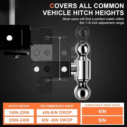 Adjustable Trailer Hitch, Fits 2.5-Inch Receiver, 8-Inch Drop/Rise for Trucks (18500 LBS GTW), Heavy Duty Aluminum Tow Hitches with 4 Silencer Pads & 2 Locking Hitch Pin, Silver in Saudi Arabia