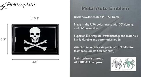 Elektroplate Exclusive Metalhead Collection Pirate Skull and Cross Bones Black Flag All Metal Emblem for Cars, Trucks, and All Auto | Universal Fit at 2.5" x 3.8" | Weatherproof in Saudi Arabia