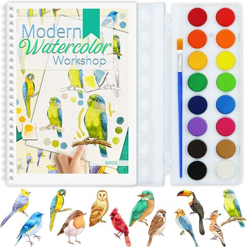 Watercolor Workbook With Step-by-Step for Adults and Teens - beginner watercolor workbook with 12 coloring book pages - Includes 16 color blocks and a brush - Professional Watercolor Paper: 300gsm/140lb (Bird) in Saudi Arabia