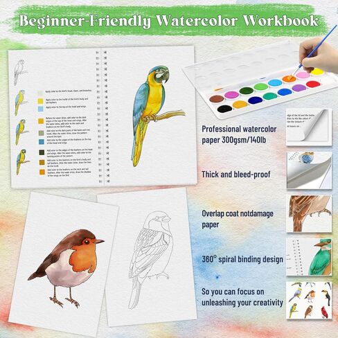 Watercolor Workbook With Step-by-Step for Adults and Teens - beginner watercolor workbook with 12 coloring book pages - Includes 16 color blocks and a brush - Professional Watercolor Paper: 300gsm/140lb (Bird) in Saudi Arabia