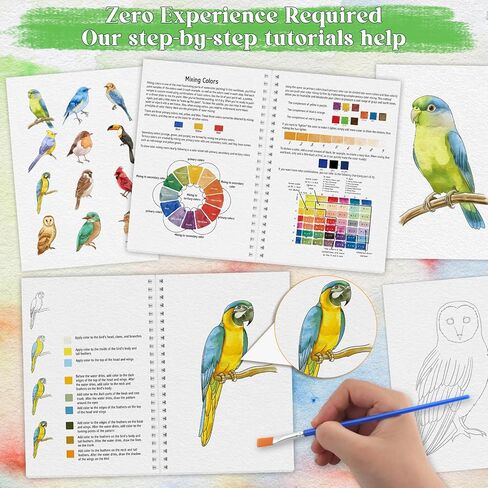 Watercolor Workbook With Step-by-Step for Adults and Teens - beginner watercolor workbook with 12 coloring book pages - Includes 16 color blocks and a brush - Professional Watercolor Paper: 300gsm/140lb (Bird) in Saudi Arabia