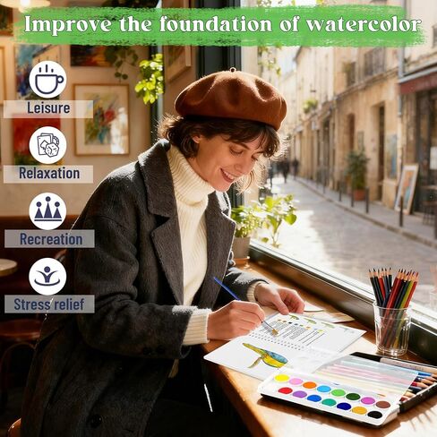 Watercolor Workbook With Step-by-Step for Adults and Teens - beginner watercolor workbook with 12 coloring book pages - Includes 16 color blocks and a brush - Professional Watercolor Paper: 300gsm/140lb (Bird) in Saudi Arabia